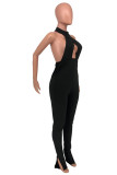 Black Sexy Solid Draped Split Blend Sleeveless Hanging neck Jumpsuits