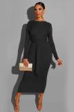 Черная OL модная юбка для взрослых с длинными рукавами и круглым вырезом, ступенчатая юбка до середины икры, однотонная