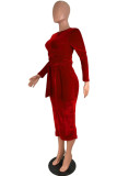 Rojo OL moda para adultos manga casquillo mangas largas cuello redondo falda escalonada vendaje a media pantorrilla sólido