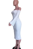 White Sweet Off The Shoulder Long Sleeves One word collar Step Skirt Mid-Calf Solid Dresses