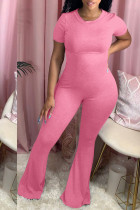 Pink Sexy Patchwork Solid Short Sleeve O Neck Overalls