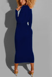 Dark Blue OL adult Fashion Cap Sleeve Long Sleeves O neck Step Skirt Mid-Calf bandage Solid