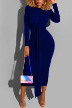 Темно-синий ПР для взрослых мода с короткими рукавами и длинными рукавами с круглым вырезом ступенчатая юбка до середины икры повязка однотонная