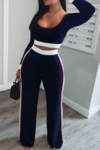 Dark Blue Fashion Casual adult Ma'am Patchwork Solid Two Piece Suits Straight Long Sleeve Two Pieces Crop Tops And Pants Sets
