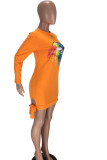 Orange Sexig långärmad halvhög krage Rak Mini Print bandage läppklänningar