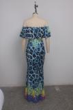 Leopard print Fashion Sexy Off The Shoulder Short Sleeves One word collar Mermaid Floor-Length Draped Pr