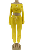 Yellow Fashion Sexy adult Ma'am Solid Two Piece Suits pencil Long Sleeve Two Pieces