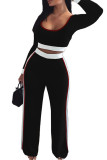 Black Fashion Casual adult Ma'am Patchwork Solid Two Piece Suits Straight Long Sleeve Two Pieces Crop Tops And Pants Sets