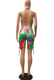 Green Fashion Sexy Print Tie-dyed Hollow Sleeveless Hanging neck Rompers