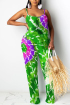 Green Fashion Light Tie-dyed Polyester Sleeveless Slip Jumpsuits