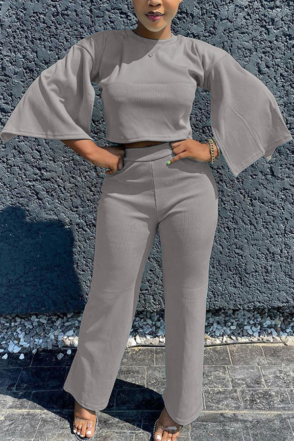 Grey Fashion adult Ma'am OL Solid Two Piece Suits Straight Three Quarter Two Pieces