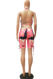 rose red Fashion Sexy Print Tie-dyed Hollow Sleeveless Hanging neck Rompers
