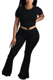 Black Fashion Casual adult Ma'am Solid Two Piece Suits Loose Short Sleeve Two Pieces