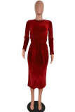 Красная мода для взрослых OL с длинными рукавами и круглым вырезом, ступенчатая юбка до середины икры, повязка, однотонная