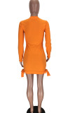 オレンジ色のセクシーな長袖ハーフハイカラーストレートミニプリント包帯リップドレス