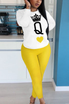 Yellow Casual Europe and America Letter Print pencil Long Sleeve Two Pieces
