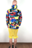 Yellow Turtleneck Camouflage Print Zippered Patchwork Spandex Print Long Sleeve Blazer & Suits &Jacket