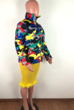 Blazer, ternos e jaqueta com estampa de camuflagem amarela com zíper e patchwork com estampa de spandex