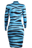 Moda azul sexy mangas compridas decote em V bainha mini vestidos zebra estampados