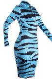 Blauwe mode sexy lange mouwen V-hals schede miniprint zebrajurken