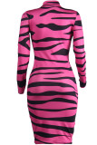 Pink Fashion Sexy Long Sleeves V Neck Sheath Mini Print zebra Dresses