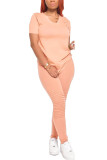 Roze Venetiaanse Mode Casual volwassen Mevrouw Effen Tweedelige Pakken Potlood Korte Mouw Twee Stukken