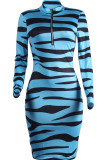 Blauwe mode sexy lange mouwen V-hals schede miniprint zebrajurken