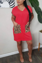 Rote Mode für Erwachsene Ma'am Sweet Cap Sleeve Short Sleeves V-Ausschnitt Stufenrock knielang Patchwork Solid Kleider
