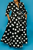 Schwarze OL Turndown-Kragen A-Linie bodenlange Kleider mit Polka Dot Print