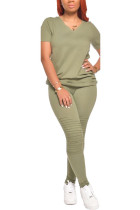 Light Green Fashion adult Ma'am OL Solid Two Piece Suits Straight Short Sleeve Two Pieces