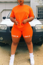 Orange Polyester Mode Sexy Erwachsene Ma'am O Neck Print Zweiteilige Anzüge Plus Größe
