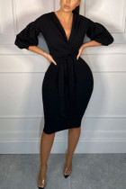 Black Fashion Sexy adult Ma'am lantern sleeve Long Sleeves V Neck Step Skirt Knee-Length Solid Dresses