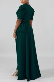 Black Green Street Niujiao ärm Kort ärm V-hals Asymmetrisk ankellång patchwork solida klänningar
