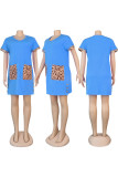 Hellblaue Mode für Erwachsene, Ma'am Sweet, Flügelärmel, kurze Ärmel, V-Ausschnitt, Stufenrock, knielang, Patchwork, feste Kleider
