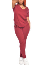 Vermelho moda adulto senhora ol sólido ternos de duas peças em linha reta manga curta duas peças