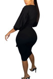 Zwarte mode sexy volwassen mevrouw lantaarn mouw lange mouwen v-hals stap rok knielange effen jurken