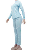 Ljusblått Mode Aktiv vuxen Fru Patchwork Solid Tvådelad kostym penna Långärmad Tvådelad