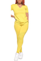 Amarelo moda adulto senhora ol sólido ternos de duas peças em linha reta manga curta duas peças
