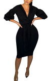 Черная модная сексуальная взрослая мэм с рукавом-фонариком и длинными рукавами, V-образным вырезом, ступенчатая юбка до колена, однотонные платья