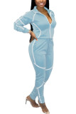 Marinblå mode Aktiv vuxen Fru Patchwork Solid tvådelad kostym penna långärmad tvådelad