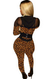 Leopardenmuster Sexy Mesh Print Reißverschluss Patchwork Langarm-Jumpsuits mit Kapuze