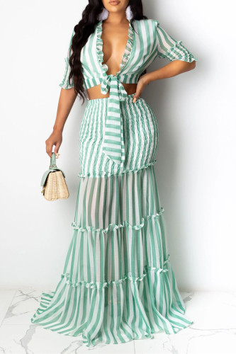 Green Casual 3/4 Length Sleeves V Neck Slim Dress Floor-Length Striped Print Patchwork Dresses