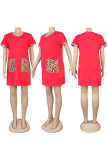 Red Fashion adult Ma'am Sweet Cap Sleeve Short Sleeves V Neck Step Skirt Knee-Length Patchwork Solid Dresses