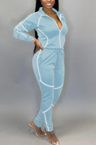 Светло-голубой модный активный взрослый мэм Лоскутный однотонный костюм из двух предметов карандаш с длинными рукавами из двух предметов