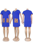 Light Blue Fashion adult Ma'am Sweet Cap Sleeve Short Sleeves V Neck Step Skirt Knee-Length Patchwork Solid Dresses