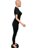 Black Fashion Casual Solid Draped Short Sleeve O Neck Jumpsuits