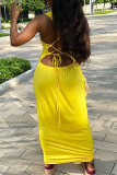 Yellow Milk. Fashion Sexy adult Ma'am Tank Sleeveless Square Step Skirt Floor-Length Solid backless Dresses