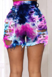 Green rose red and blue Green and yellow Hollow-out Broken Holes Raw Hem Distressed Denim Shorts