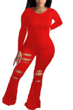 Röda mode sexiga hål solid långärmad o-hals jumpsuits