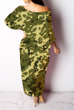 Green Casual One Shoulder Long Sleeves Step Skirt Ankle-Length camouflage Dresses
